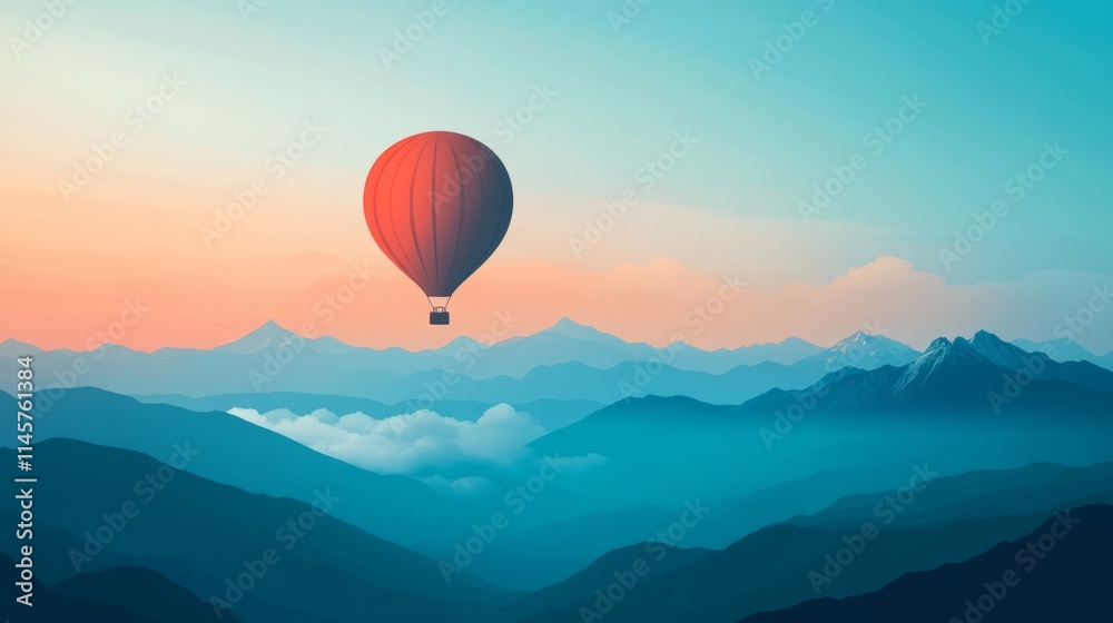 Fototapeta premium A flat hot air balloon floating above mountains, symbolizing freedom and exploration