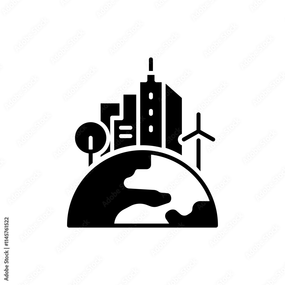 Green town icon. Simple solid style. Clean city, sustainable future, building, house, tree, earth, globe, world environment concept. Black silhouette, glyph symbol. Vector illustration isolated. Green town icon. Simple solid style. Clean city, sustainable future, building, house, tree, earth, globe, world environment concept. Black silhouette, glyph symbol. Vector illustration isolated.