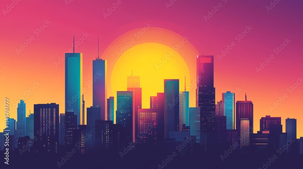 A flat vector of a modern skyline with a vibrant gradient sunset, emphasizing clean lines and symmetry. A flat vector of a modern skyline with a vibrant gradient sunset, emphasizing clean lines and symmetry.