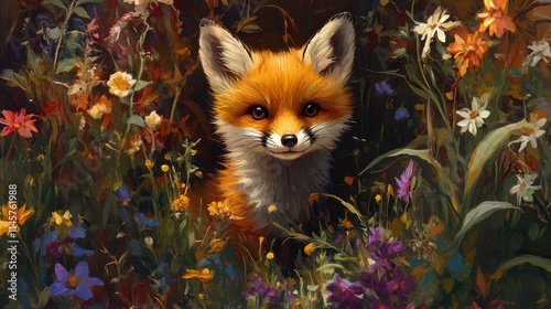 Charming red fox cub amidst a vibrant flower garden showcasing nature's beauty and innocence in a picturesque outdoor setting