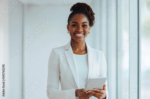 Smiling Professional Woman Holding Tablet in Bright Office Environment photo