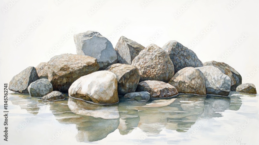 Irregularly shaped river rocks reflecting in calm water creating a serene natural landscape scene for artistic and environmental themes Irregularly shaped river rocks reflecting in calm water creating a serene natural landscape scene for artistic and environmental themes