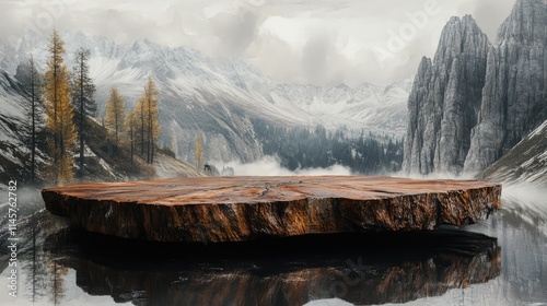 Wooden table atop a serene lake with dramatic mountain backdrop and autumn foliage reflecting in calm waters