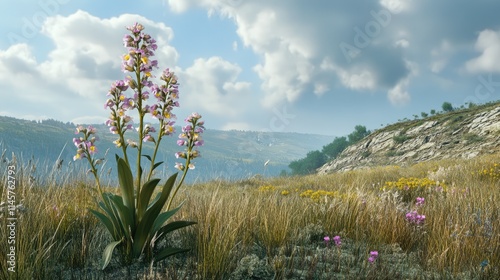 Rare endemic bee orchid thriving in a xerothermic grassland landscape under a beautiful cloudy sky showcasing vibrant biodiversity. photo