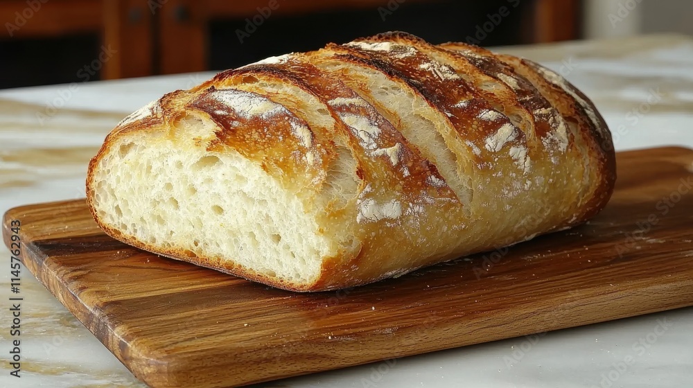 Freshly baked artisan bread with a crisp golden crust and soft interior, placed on a wooden board, showcasing the simplicity and beauty of homemade baking. Freshly baked artisan bread with a crisp golden crust and soft interior, placed on a wooden board, showcasing the simplicity and beauty of homemade baking.