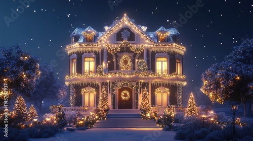 Festive home illuminated with Christmas lights and decorations during a snowy winter night scene for holiday celebrations.