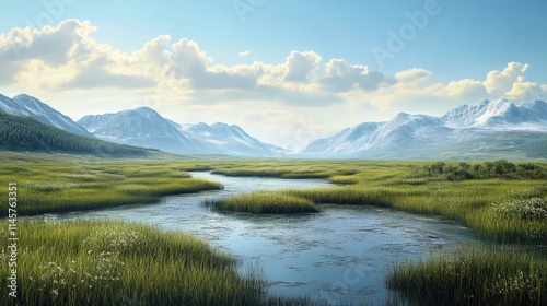 Serene Marshland Landscape with Flowing River and Mountainous Horizon Under Clear Blue Sky