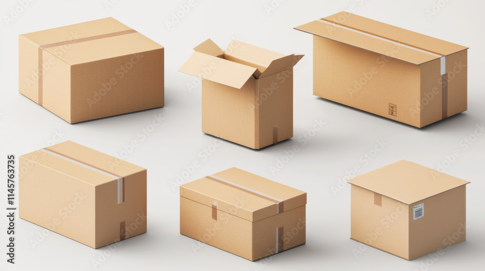 Cardboard boxes mockup, 3d vector cargo and parcel packages top, front and bottom view with tape and paper labels. Realistic carton closed packaging for goods, isolated packs for freight shipping Cardboard boxes mockup, 3d vector cargo and parcel packages top, front and bottom view with tape and paper labels. Realistic carton closed packaging for goods, isolated packs for freight shipping