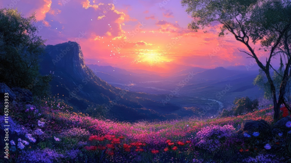 Vibrant Sunset Over Lush Valley with Colorful Flowers and Scenic Mountainscape in Majestic Evening Light Vibrant Sunset Over Lush Valley with Colorful Flowers and Scenic Mountainscape in Majestic Evening Light
