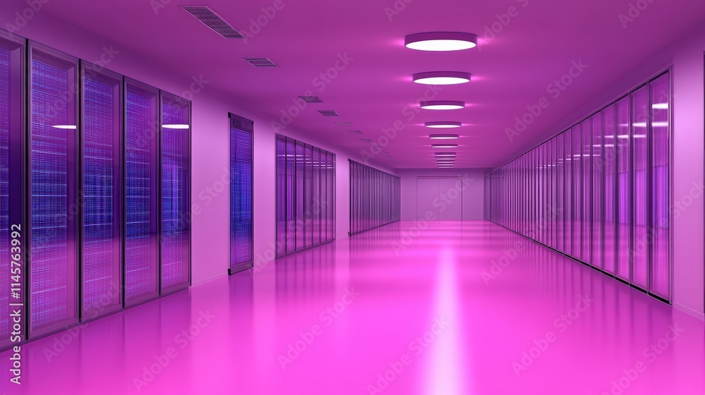 A futuristic pink server room hallway with rows of glowing server racks. The glossy floor reflects the vibrant purple light creating a modern technological ambiance. A futuristic pink server room hallway with rows of glowing server racks. The glossy floor reflects the vibrant purple light creating a modern technological ambiance.