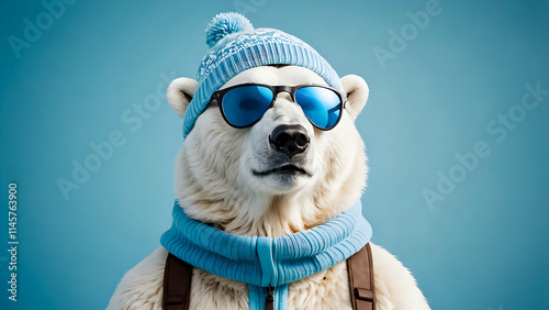Polar bear with sunglasses and winter skiing outfit smiling at camera. Abstract blue gradient background