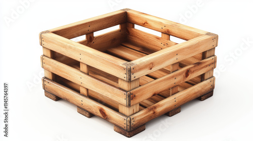 Fototapeta Naklejka Na Ścianę i Meble -  Wooden box or empty crate 3D vector isolated icon. Wood tray for farm fruit or vegetable, timber plank container for market storage, pallet for delivery, top angle view