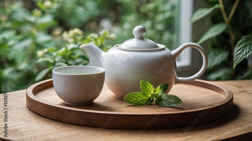 White Teapot and Teacup Set on a Wooden Tray with Mint Sprig White Teapot and Teacup Set on a Wooden Tray with Mint Sprig