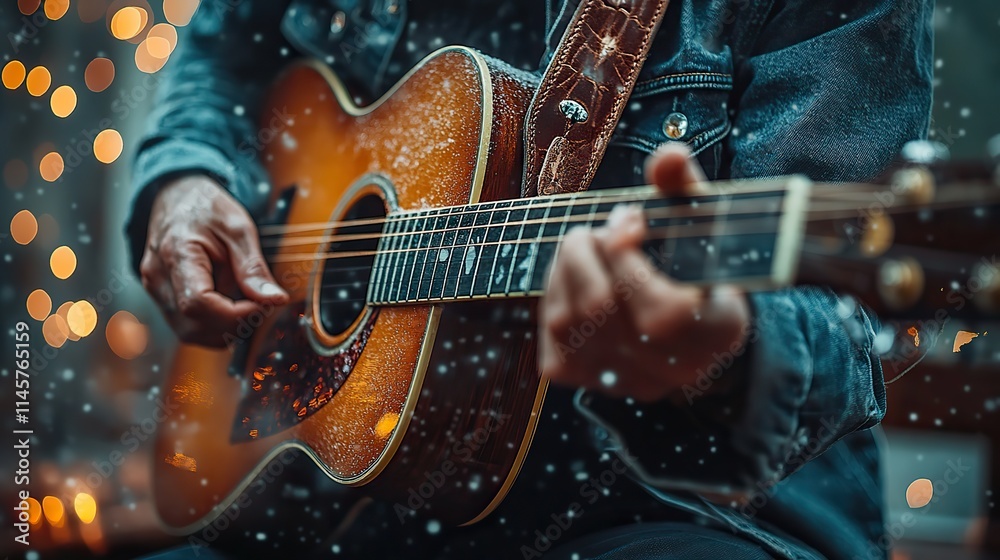 Obraz premium Hands playing a guitar, showcasing musical talent and creative performance. The image represents music playing, concert, rhythm, and acoustic production by an artist or band.