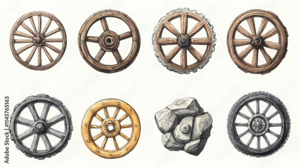 Vector hand drawn illustration of the wheel evolution set. Set in ink hand drawn style. stone, antique wooden, spoked, steel, modern alloy wheels Vector hand drawn illustration of the wheel evolution set. Set in ink hand drawn style. stone, antique wooden, spoked, steel, modern alloy wheels