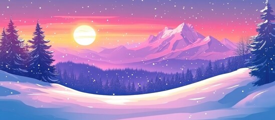 Papier peint photo Prune Scenic winter landscape of snow-dusted mountains under a vibrant sunrise with pine trees in the foreground.  © Holo Frame