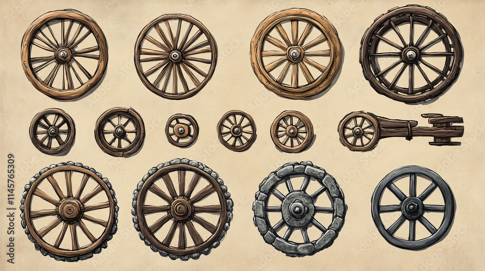 Vector hand drawn illustration of the wheel evolution set. Set in ink hand drawn style. stone, antique wooden, spoked, steel, modern alloy wheels Vector hand drawn illustration of the wheel evolution set. Set in ink hand drawn style. stone, antique wooden, spoked, steel, modern alloy wheels