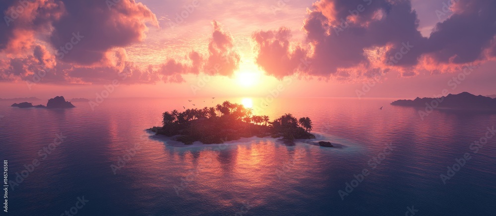 Fototapeta premium Serene sunrise illuminating an isolated tropical island surrounded by calm waters and vibrant clouds in a peaceful natural landscape