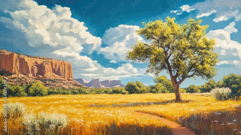 Fototapeta premium Scenic view of lush trees and golden fields against a dramatic national monument landscape under a vibrant blue sky