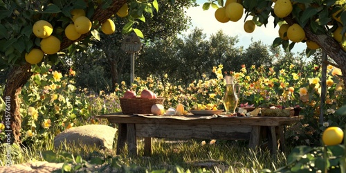 Rustic Garden Table with Lemons Apples and Flowers