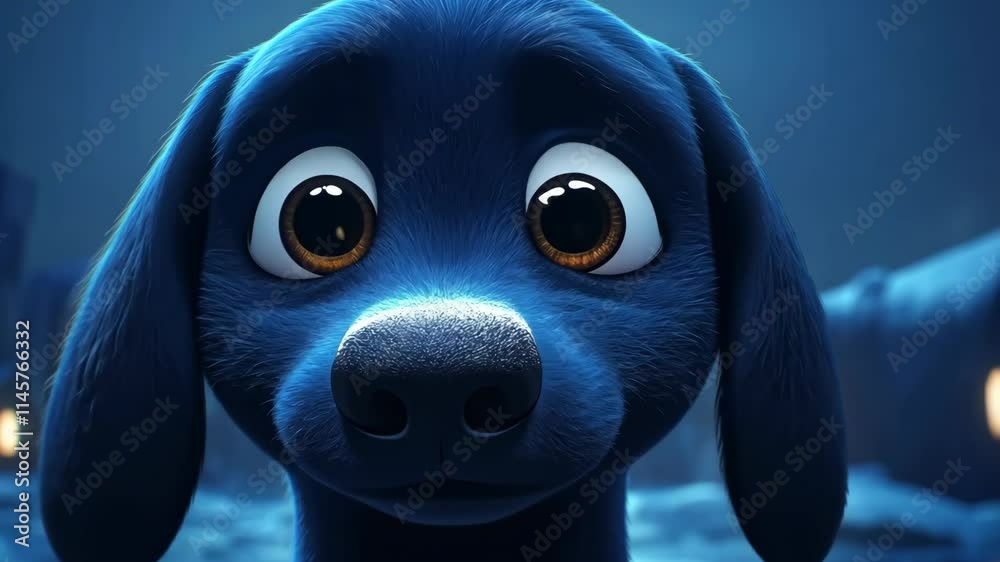 Blue dog character with large expressive eyes gazes thoughtfully in a nighttime landscape setting