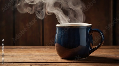 Steaming Ceramic Mug on a Wooden Table with Cozy Backdrop