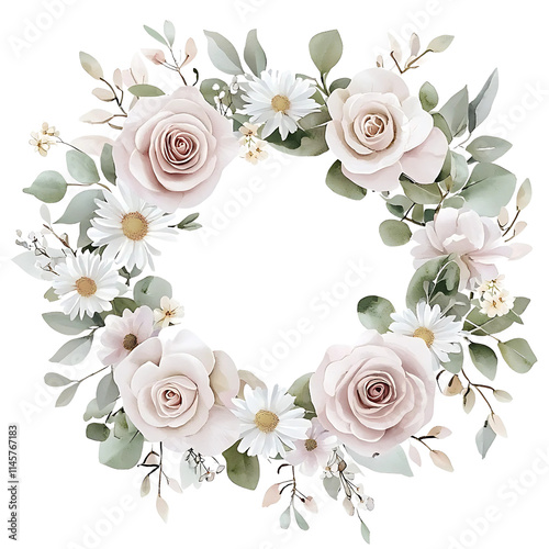 Watercolor floral wreath with roses, daisies and eucalyptus. Perfect for invitations, greeting cards, blogs, posters.