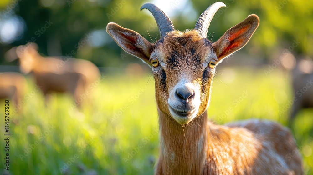 Charming and Playful Goat in a Lush Green Field with Soft Lighting and a Bokeh Background Ideal for Nature and Farm-Themed Projects Charming and Playful Goat in a Lush Green Field with Soft Lighting and a Bokeh Background Ideal for Nature and Farm-Themed Projects