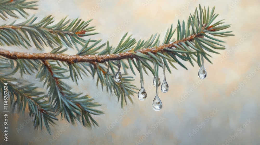 Obraz premium Pine branch with water droplets macro shot showcasing nature's beauty and tranquility in a soft blurred background
