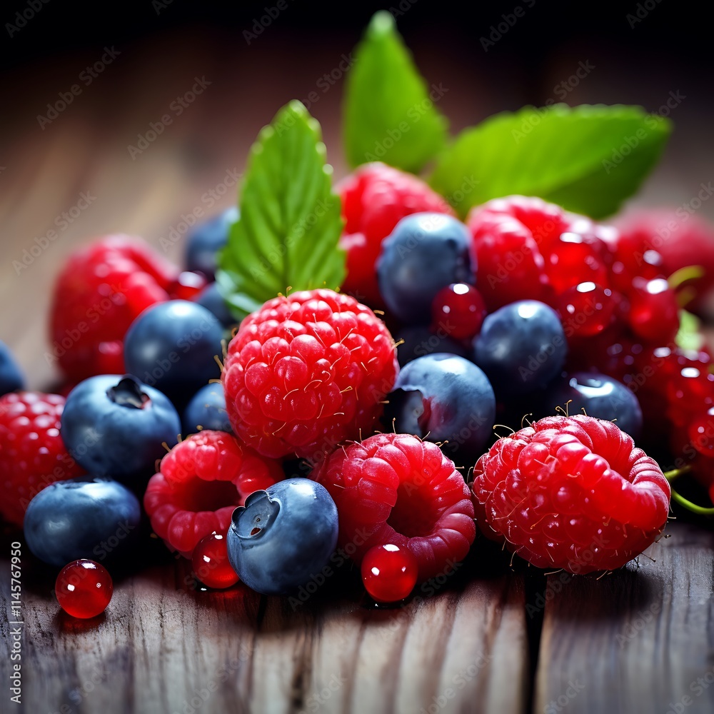 Mix of berries on wooden table. dark background. Healthy food.