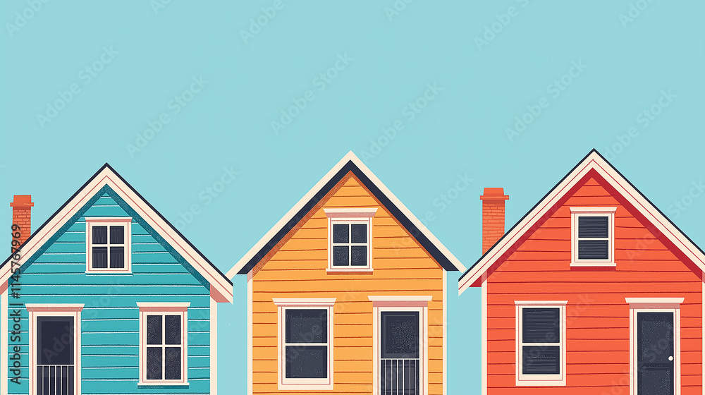 Three Colorful Houses in a Row, Suburban Dream Homes, Idyllic Neighborhood Three Colorful Houses in a Row, Suburban Dream Homes, Idyllic Neighborhood