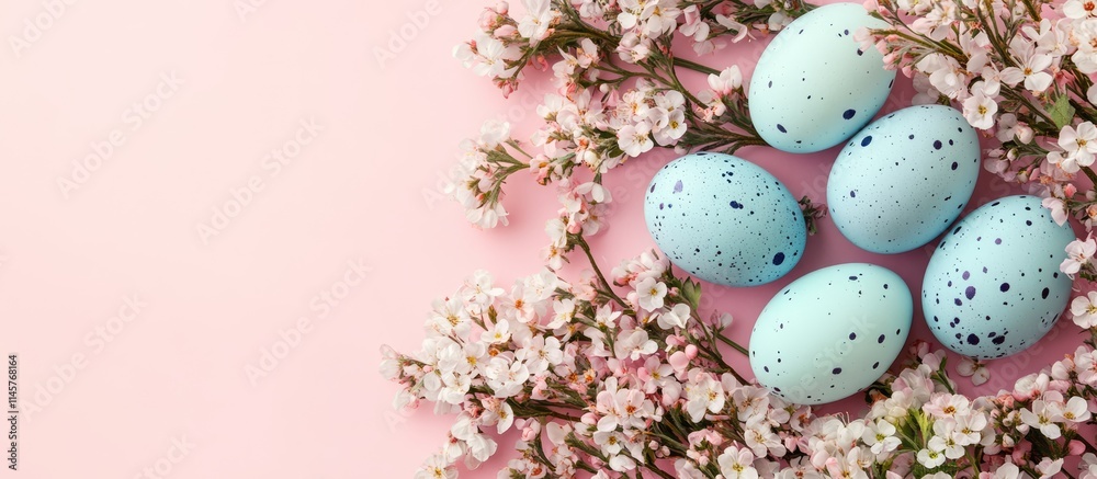 Light blue Easter eggs surrounded by flowers on a pink backdrop for spring holiday greeting card mockup aerial view Light blue Easter eggs surrounded by flowers on a pink backdrop for spring holiday greeting card mockup aerial view