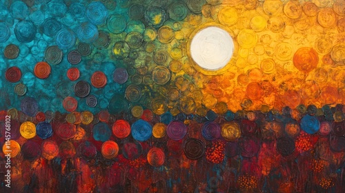 Abstract landscape painting with textured circles in vibrant colors, depicting a sunset or sunrise scene.