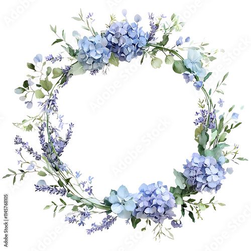 Watercolor floral wreath with blue hydrangea flowers and branches