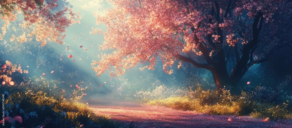 Fototapeta premium Serene morning landscape with blooming cherry blossom trees and soft sunlight illuminating a peaceful path through nature