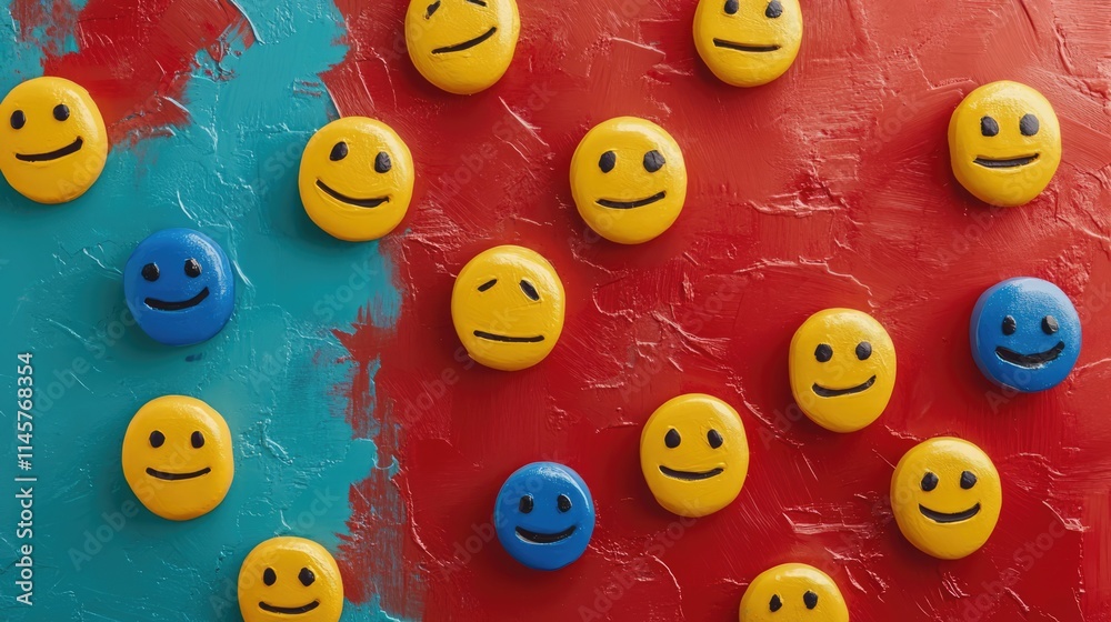 Creative flat lay of yellow smiley face magnets on a vibrant background representing emotions mental health and customer satisfaction concerns Creative flat lay of yellow smiley face magnets on a vibrant background representing emotions mental health and customer satisfaction concerns