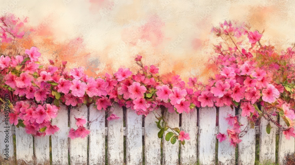 Fototapeta premium Vibrant Pink Azalea Blooms Cascading Over a Rustic White Wooden Fence Against a Soft Colorful Background
