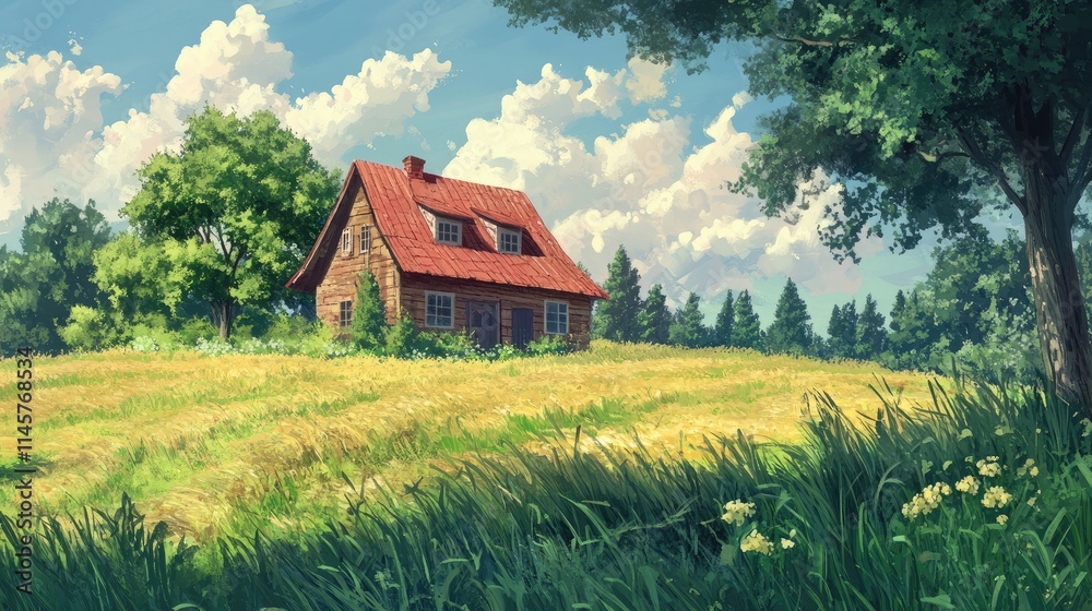 Fototapeta premium Charming old farmhouse nestled in a lush green field under a bright blue sky with fluffy clouds and vibrant trees.