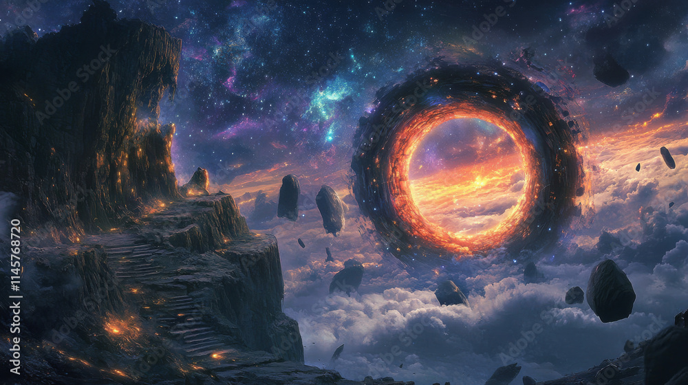 Fototapeta premium Magic portal on mountain cliff with flying rocks around, fantasy landscape background with glowing plasmic entrance under starry sky. Fantastic book or computer game scene, cartoon vector illustration