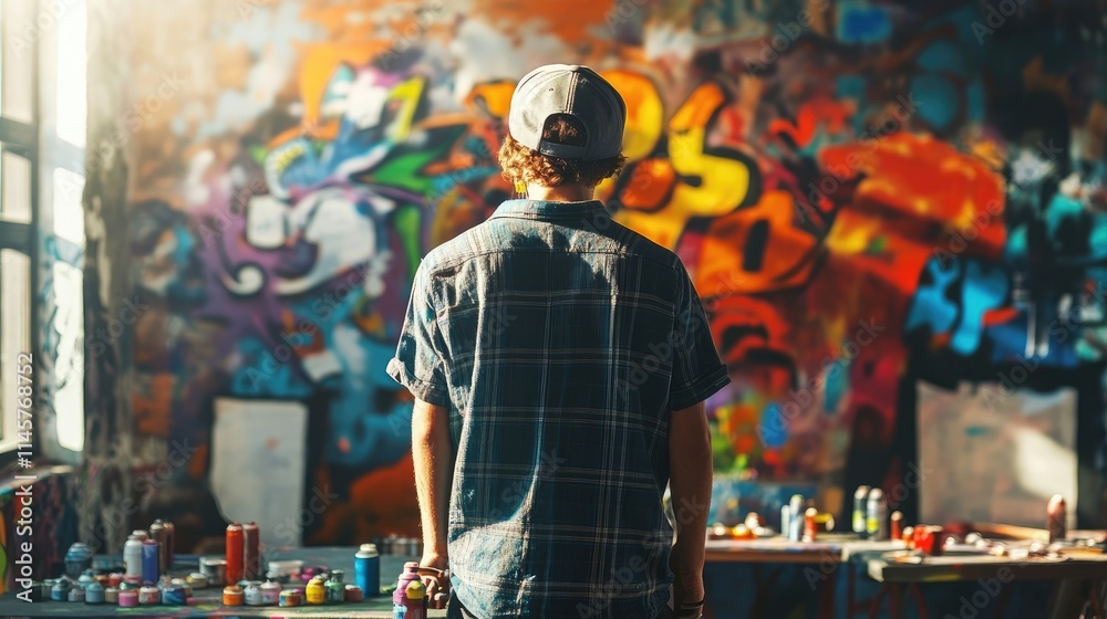 Obraz premium Young Artist Appreciates Urban Graffiti Art