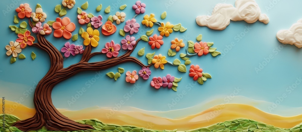 Naklejka premium Flowering tree with colorful blossoms and clouds, crafted from plasticine, celebrating the New Year of Trees in Hebrew tradition.