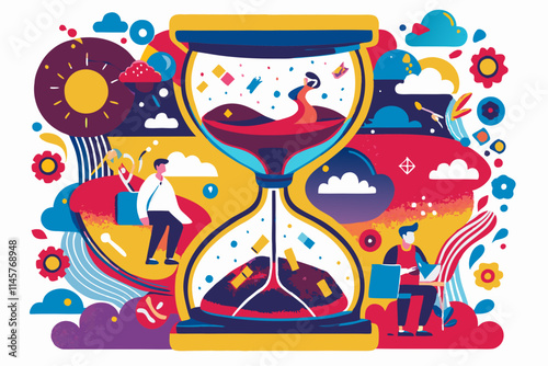**Title:** Colorful Abstract Illustration of Time Management with Hourglass and Creative Elements