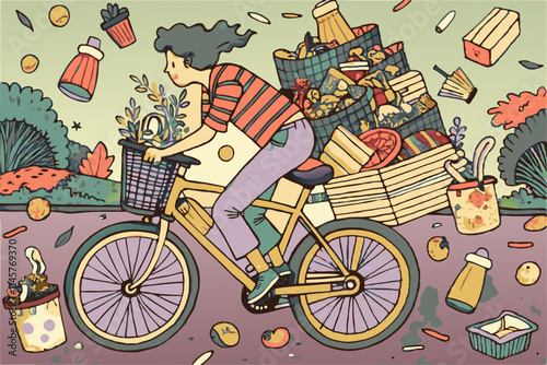 Eco-Conscious Woman Cycling Past Overflowing Waste Bins and Littered Street in Cartoon Style