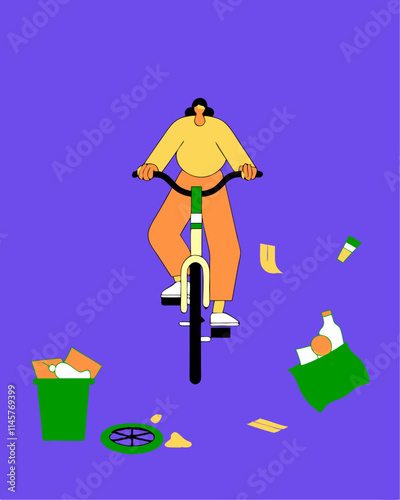 Colorful Illustration of a Person Recycling While Cycling on a Purple Background