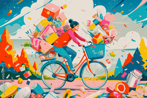 **Title:** Joyful Ride: Woman on Bicycle Carrying Colorful Packages in Vibrant Landscape