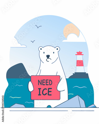 Polar Bear's Plea for Ice: Climate Change Awareness Illustration with Lighthouse and Ocean Scene