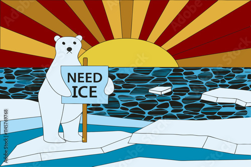Polar Bear Holding 'Need Ice' Sign Amid Melting Arctic Ice with Sunset Background