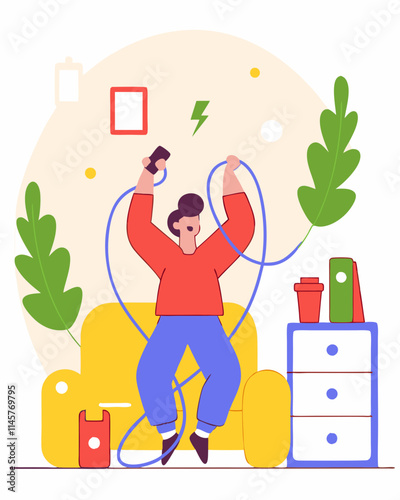 Dynamic Illustration of Renewable Energy Enthusiast Celebrating Sustainable Living in a Modern Home