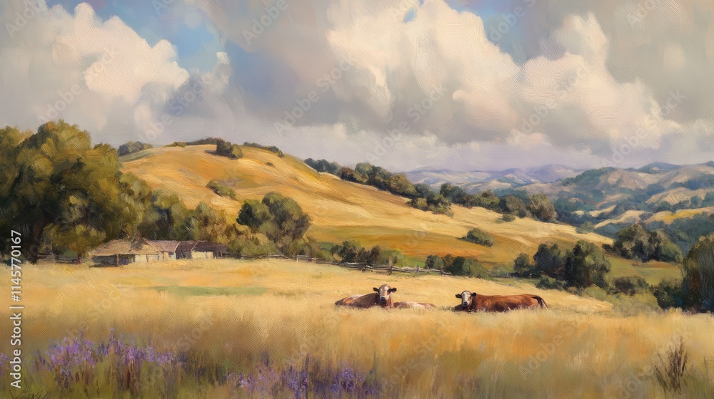 Fototapeta premium Cows resting peacefully in a serene landscape of rolling hills and a tranquil farm setting under a cloudy sky