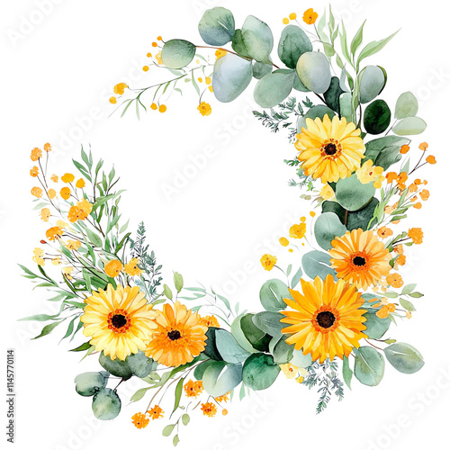 Watercolor floral wreath with yellow flowers, eucalyptus, green leaves, eucalyptus. Hand painted floral illustration isolated on white background